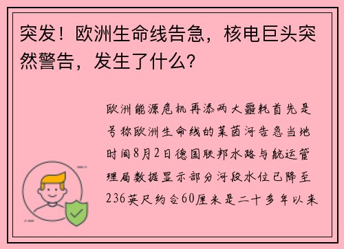 突发！欧洲生命线告急，核电巨头突然警告，发生了什么？ 